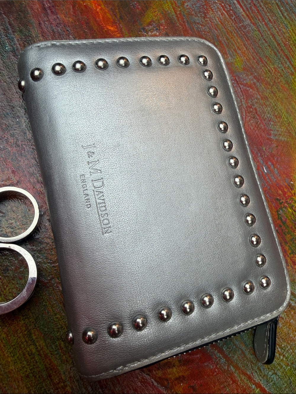 J&M Davidson SMALL ZIP AROUND PURSE WITH STUDS Leather Case Wallet Long Silver